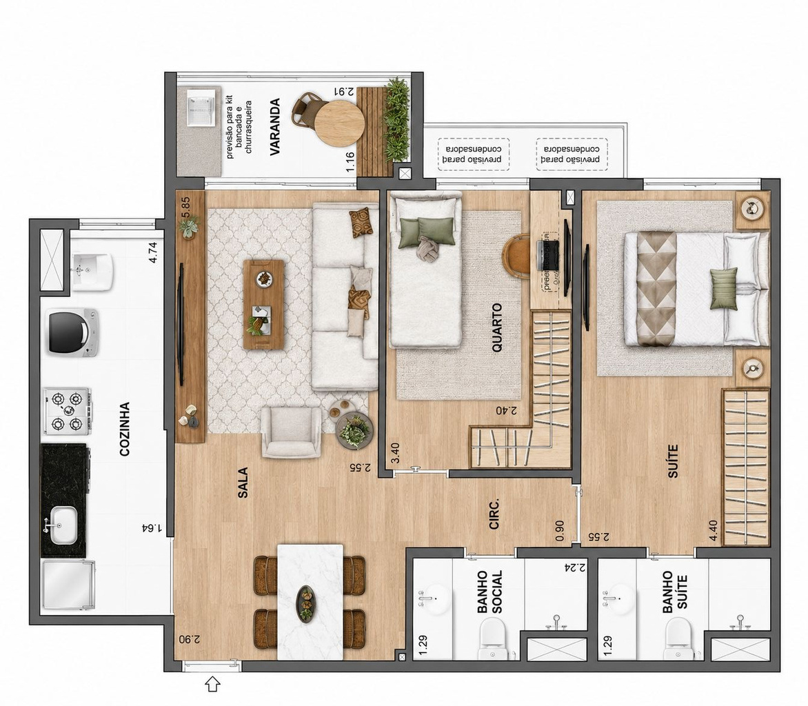 Planta 2 quartos · 63 m² · We Barra by Living
