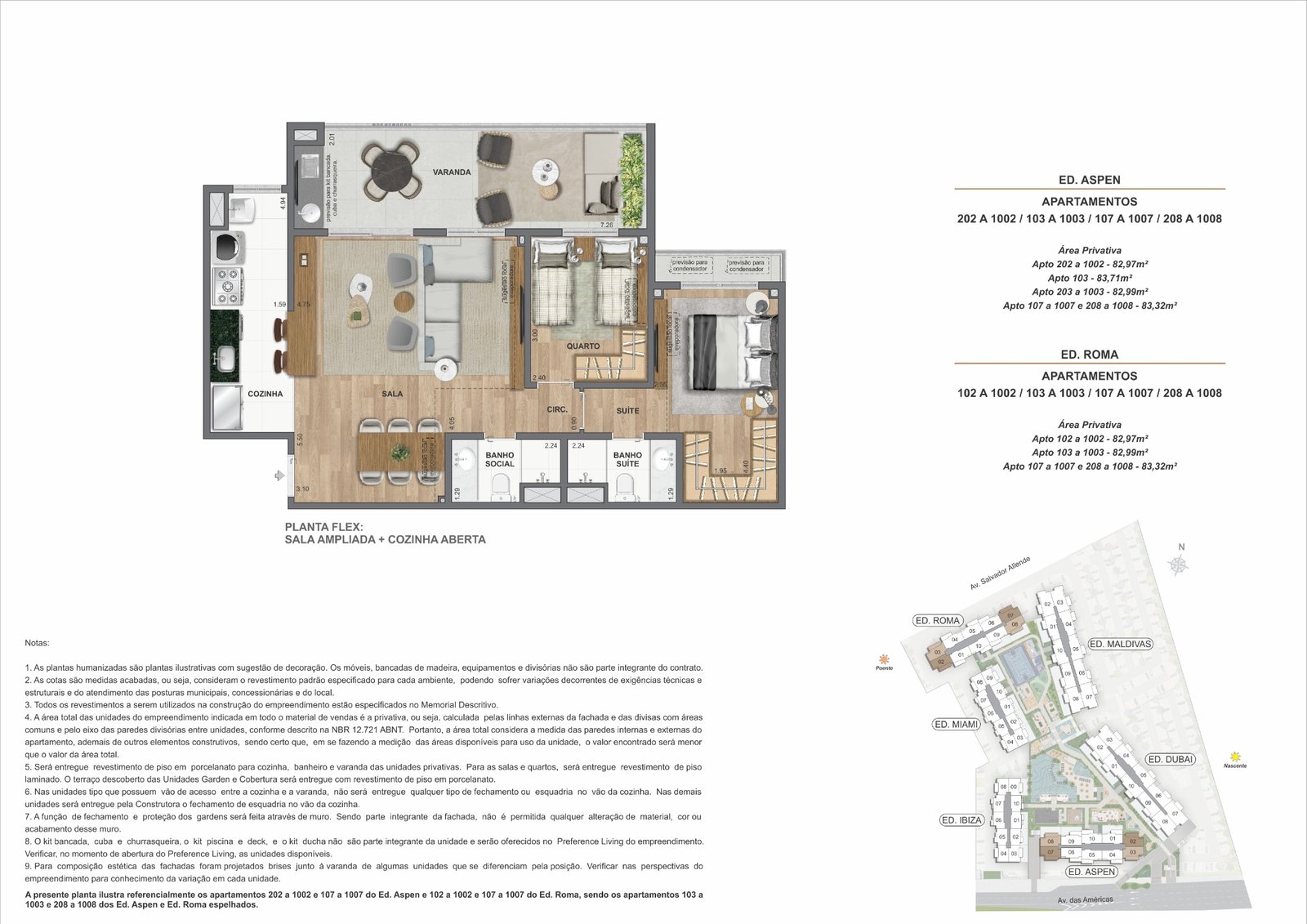 Planta 2 Quartos · Sala ampliada · 83 m² · We Barra by Living